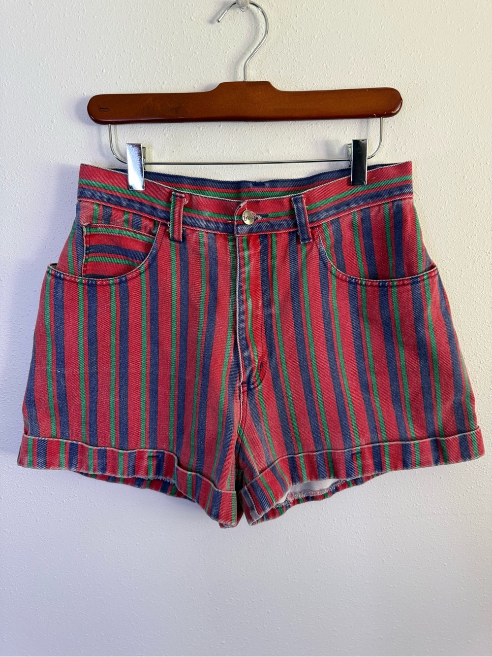 Vintage Striped Denim Shorts High Rise Novelty 90s Retro - Picture 1 of 9